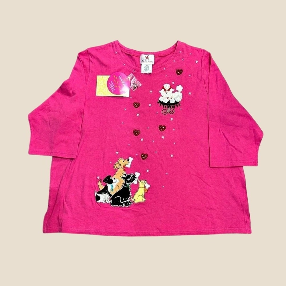 Quacker Factory New 3X Embellished Dog Heart Cotton Novelty Top in Pink